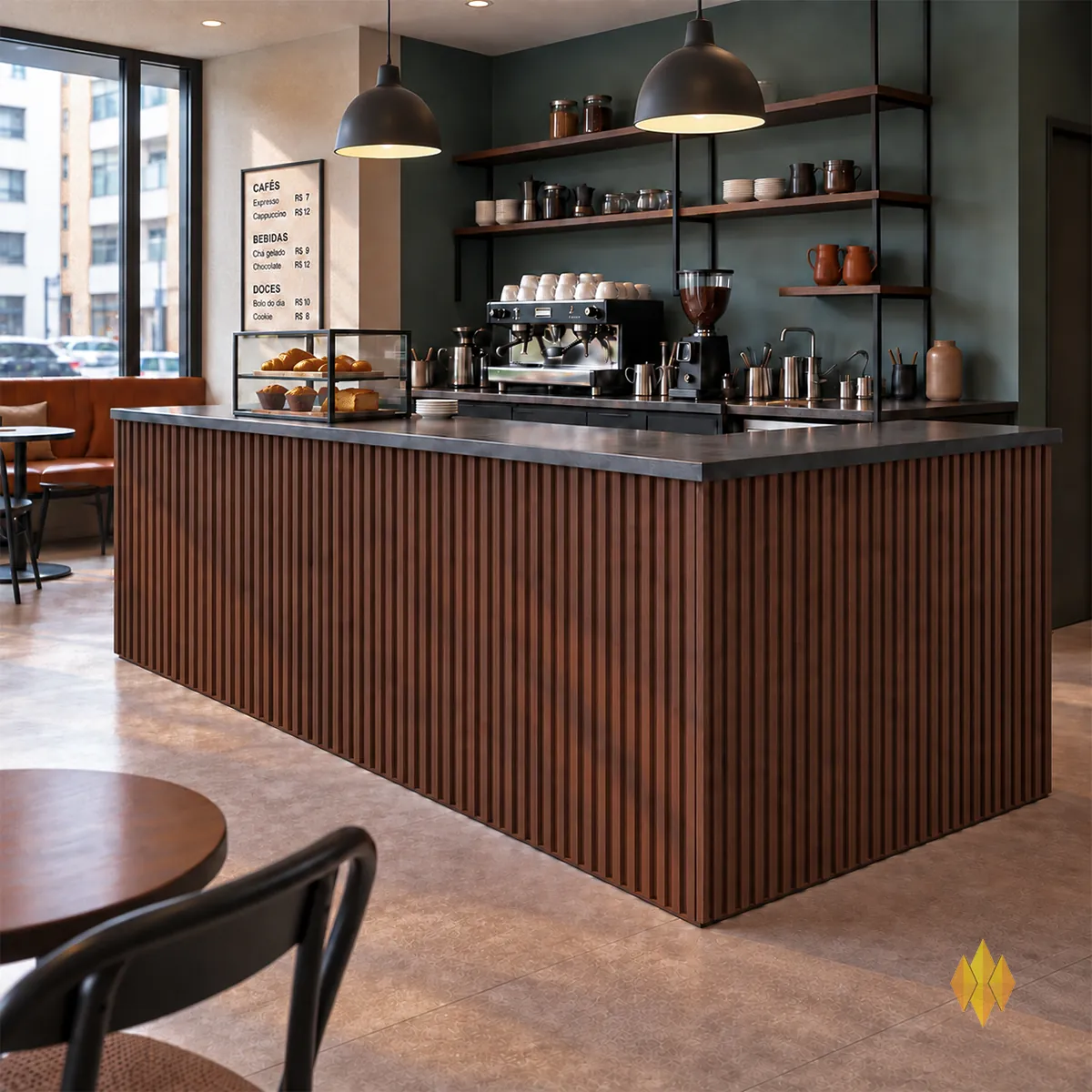 Balcão de cafeteria revestido com painel ripado WPC cor tabaco
