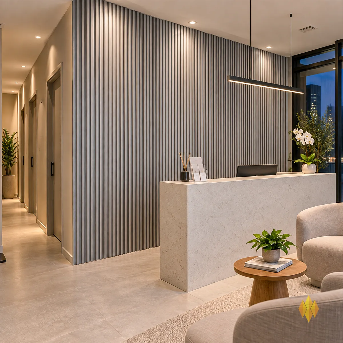 Recepção com parede de painel ripado WPC cor cinza
